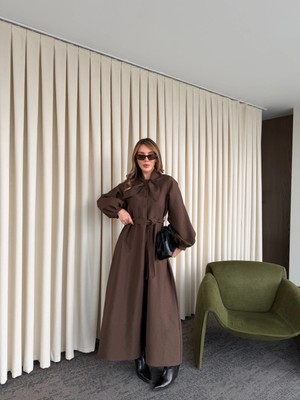 Laluvia Kahverengi Yakası Fiyonk Detaylı Elbise- 2001