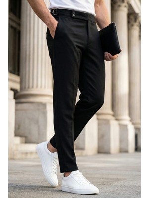 Oksit Gurkha Stil Yan Ayarlı Metal Tokalı Slim Fit Erkek Kumaş Pantolon Özel Kesim Kruvaze Bel