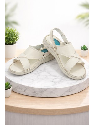 İhvan Online Hakiki Deri Ortopedik Topuk Jelli Erkek Sandalet Terlik - Hac Umre Günlük Rahat Taban Sandalet - Krem