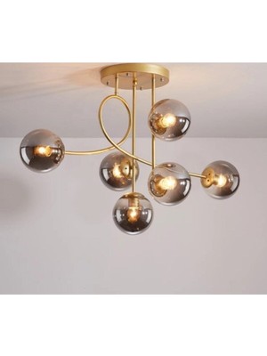 Normadia Modern Gold Renkli Füme Glop Camlı 6'lı Salon ve Mutfak Avize Seti