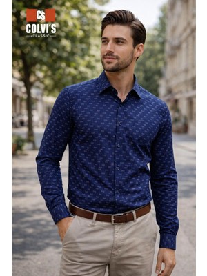 COLVİ'S MAN Erkek Siyah Klasik Regular Fit Likralı Baskılı Uzun Kol Gömlek Hediye Kutulu