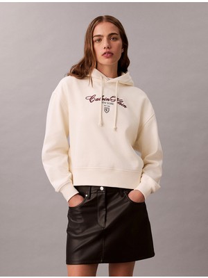 Calvin Klein Uzun Kollu Kısa Grafikli Kapüşonlu Kadın Beyaz Sweatshirt LV047E208G-YAT