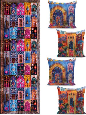 Filamente Ramazan Temalı Dörtlü Kırlent Kılıfı ve Runer Seti / Çift Taraflı Dijital Baskılı