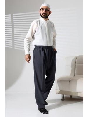 İhvan Online Erkek Beli Lastikli Cepli Kışlık Yün Efektli Kumaş Şalvar Pantolon - Antrasit (Isr)