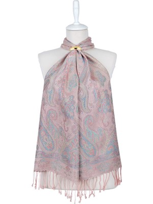 Bursa İpek Pembe Turkuaz Jamawar Dokuma Ipek Fular