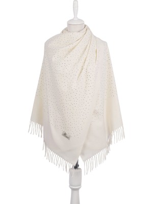 Bursa İpek Krem Düz Renk Taşlı Kışlık Şal