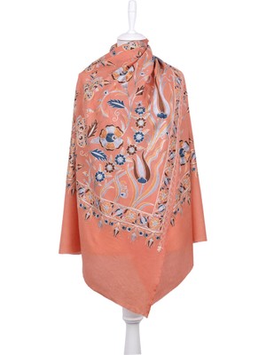 Bursa İpek Somon Full Işlemeli Suzani Yün Şal
