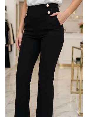 Crystalia Yüksek Belli Bel Kısmı Düğme Detaylı Siyah Kadın Pantolon