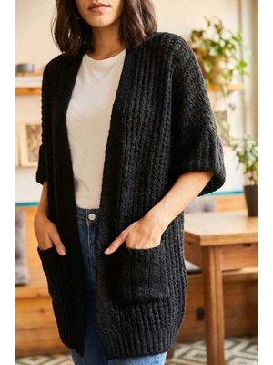 Crystalia Cep Detaylı Örme Koyu Gri Kadın Hırka