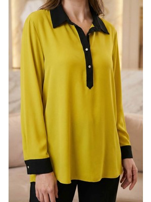 Crystalia Yaka ve Manşetleri Siyah Polo Yaka Sarı Bluz
