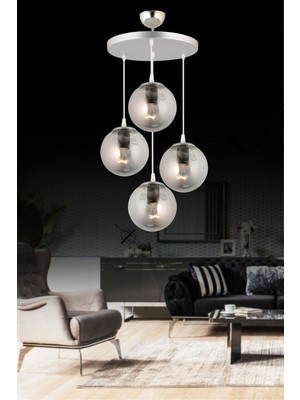 Normadia 4’lü Krom Sarkıt Tepsi ve Füme Glop Camlı Lüks Avize Seti