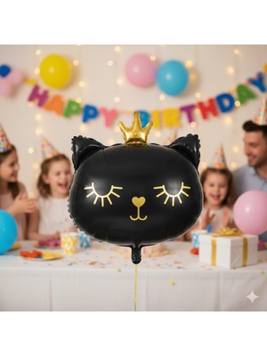 66 cm Grabo Siyah Kedi Kafası Taçlı Folyo Balon - Doğum Günü Parti Dekorasyon Balonu