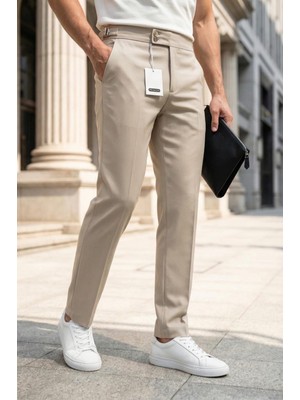 Oksit Gurkha Stil Yan Ayarlı Metal Tokalı Slim Fit Erkek Kumaş Pantolon Özel Kesim Kruvaze Bel