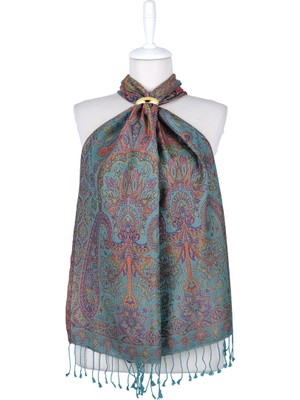 Bursa İpek Turkuaz Sarı Jamawar Dokuma Ipek Fular