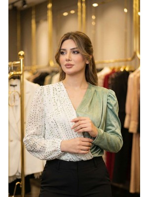 Crystalia V Yaka Su Yeşili & Beyaz Iki Parça Bluz