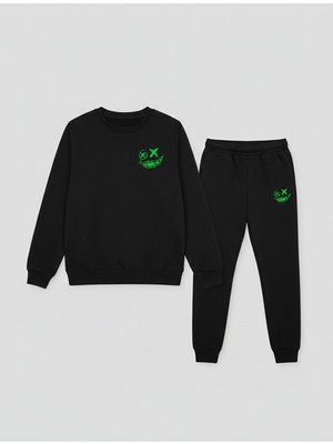 Trendseninle Siyah Xxxx Baskılı Bisiklet Yaka Alt Üst Eşofman Takımı