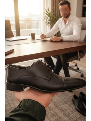 Enoch Hakiki Deri Siyah Ortopedik Bağcıklı Erkek Klasik Baba Ayakkabı