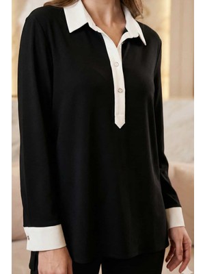 Crystalia Yaka ve Manşetleri Beyaz Polo Yaka Siyah Bluz