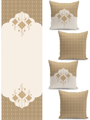 Filamente Ramazan Temalı Dörtlü Kırlent Kılıfı ve Runer Seti / Çift Taraflı Dijital Baskılı