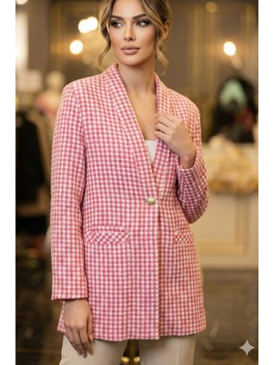 Crystalia Pembe Beyaz Pöti Kare Cep Detaylı Uzun Ceket