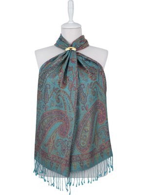 Bursa İpek Turkuaz Sarı Jamawar Dokuma Ipek Fular