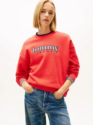 Tommy Hilfiger Tjw Kutulu Kesim Tommy Aplikeli Bisiklet Yaka Kadın Kırmızı Sweatshirt DW0DW22565XK3