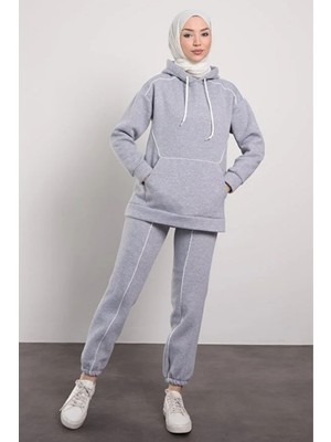 Tesettür Diyarı Şardonlu Şerit Detaylı Spor Tesettür Alt Üst Takım- Gri