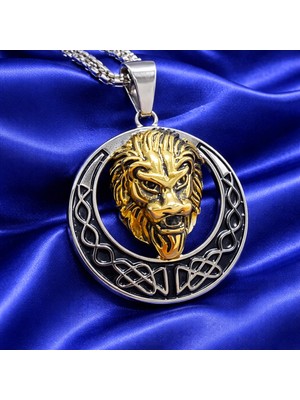 Aslan Figürlü Zirkon Taşlı Paslanmaz Çelik Erkek Aslan Kolye