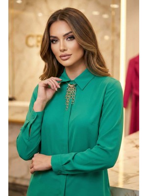 Crystalia Kolye Detaylı Yeşil Kadın Gömlek