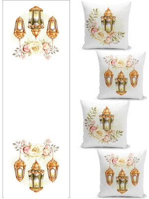 Filamente Ramazan Temalı Dörtlü Kırlent Kılıfı ve Runer Seti / Çift Taraflı Dijital Baskılı