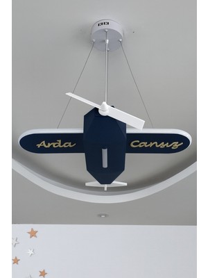 Normadia Uçak Temalı LED Çocuk Odası Sarkıt Avize, Kişiye Özel, El Yapımı, Lacivert