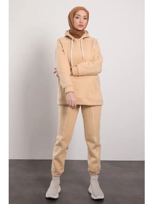 Tesettür Diyarı Şardonlu Şerit Detaylı Spor Tesettür Alt Üst Takım- Bej