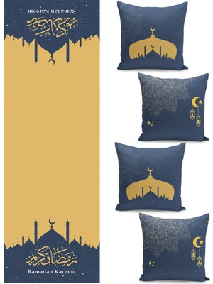 Filamente Ramazan Temalı Dörtlü Kırlent Kılıfı ve Runer Seti / Çift Taraflı Dijital Baskılı