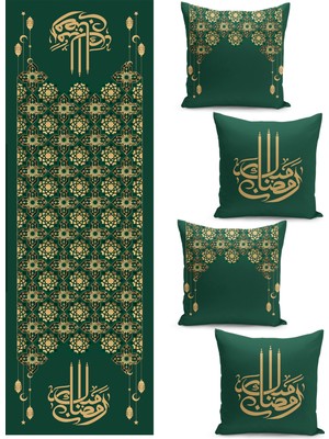 Filamente Ramazan Temalı Dörtlü Kırlent Kılıfı ve Runer Seti / Çift Taraflı Dijital Baskılı