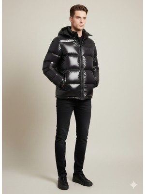 Parlak Poliyester Jel Dolum Kapüşonlu Erkek Mont