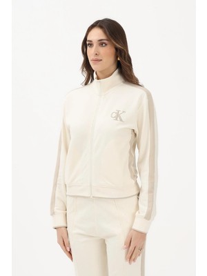 Calvin Klein Uzun Kollu Esnek Havlu Kumaş Tam Fermuarlı Eşofman Üstü Kadın Beyaz Ceket LV047E226G-YAC