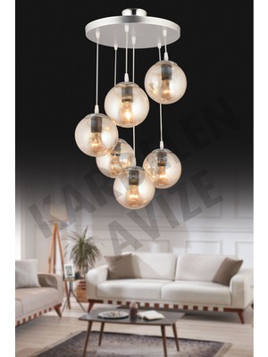 Normadia Şık Krom Sarkıt Tepsi 6'lı Bal Glop Camlı Lüks Avize Seti