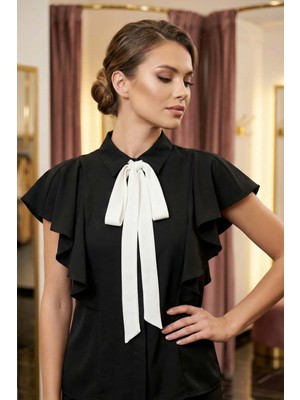 Crystalia Kolları Pileli Krem Rengi Kurdelalı Siyah Kadın Bluz