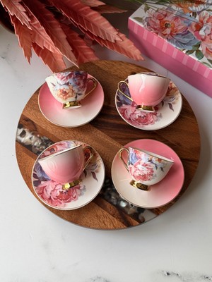Rossev Porselen Türk Kahve Fincanı Takımı Peonia 6 Kişilik – Pembe Çiçek Desenli 90 ml