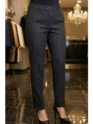 Crystalia Koyu Gri Ekose Detaylı Kadın Kumaş Pantolon