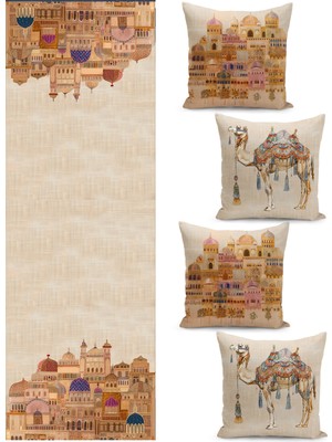 Filamente Ramazan Temalı Dörtlü Kırlent Kılıfı ve Runer Seti / Çift Taraflı Dijital Baskılı