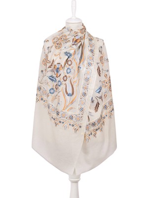 Bursa İpek Ekru Full Işlemeli Suzani Yün Şal