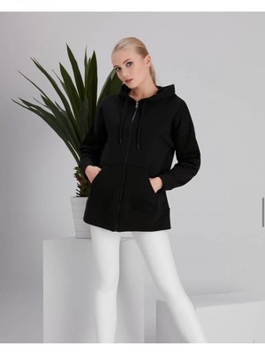 QN Kadın Cepli Fermuarlı Kapüşonlu Sweatshirt