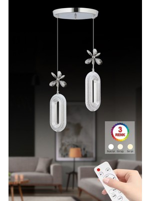 Normadia Modern 2'li Gümüş LED Avize, Kumandalı, 3 Renkli, Şık ve Şık Tasarım
