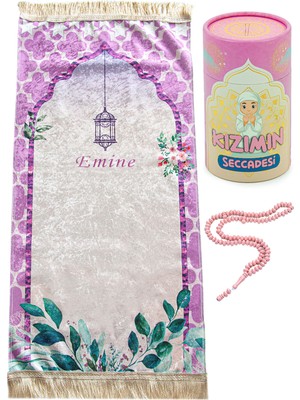 İhvan Online Isme Özel Nakışlı Kız Çocuk Seccadesi Seti Silindir Kutulu Tesbihli Pembe