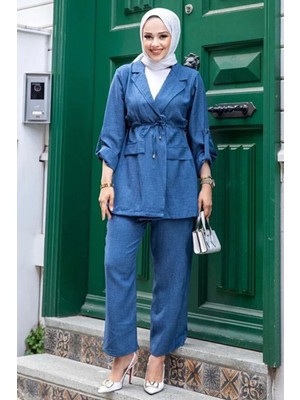 Tesettür Diyarı Beli Bağlamalı Ceket ve Pantolon Yazlık Keten Takım- Indigo