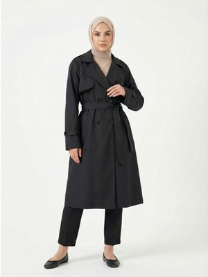 Foremia Flota Cep Detay Uzun Trençkot-Siyah