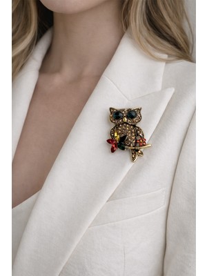 Modex Taşlı Çiçek Detay Sevimli Baykuş Broş (4cm)