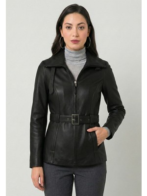 Felix Hardy Kadın Siyah Kemerli-Deri Ceket - Siyah