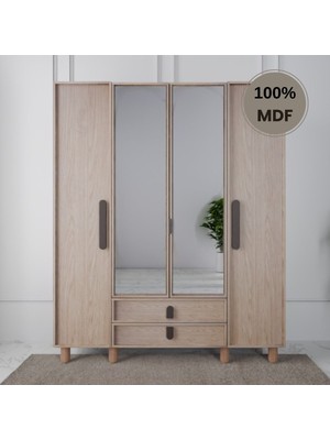 Flances Newton Ayaklı Tasarım Aynalı 4 Kapak Mdf Gardırop